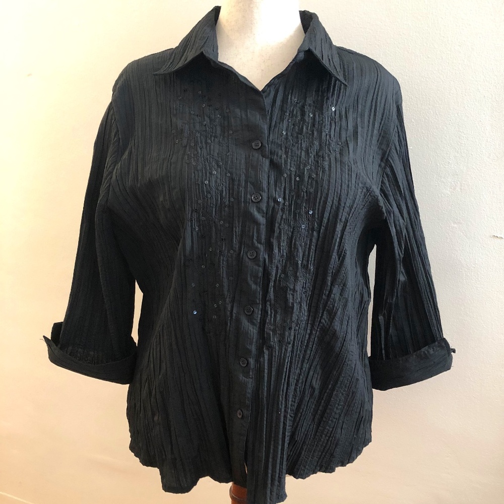 Black Crinkle Blouse with Black Sequins